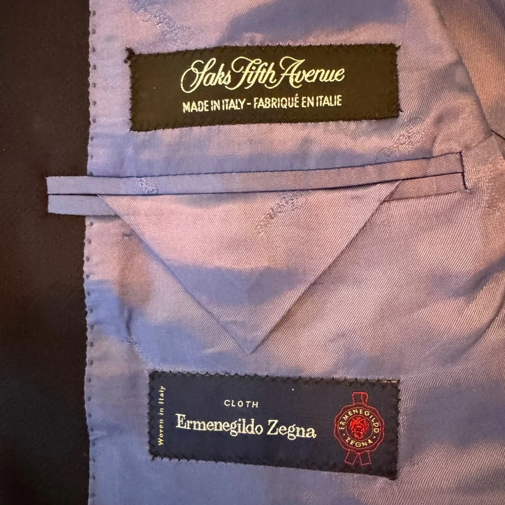 Saks Fifth Avenue Blazer Men Navy Blue Ermenegildo Zegna Cloth Made in Italy 42T